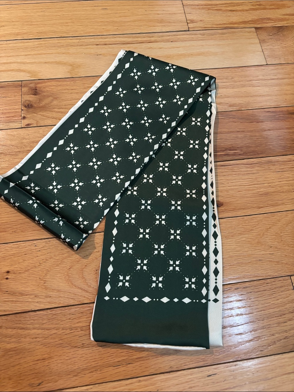 Green and White Patterned Silk Scarf